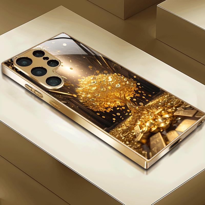 Позолоченный чехол для телефона из закаленного стекла, совместимый с Galaxy S26 S25 S24 S23 S22 Ultra Plus. Имеет трехслойный золотой узор.