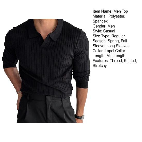 Весна Осень Мужской Верхний Трикотажный Нитка Slim Fit Пуловер Отложной Воротник Длинные Рукава Эластичный Чистый Цвет