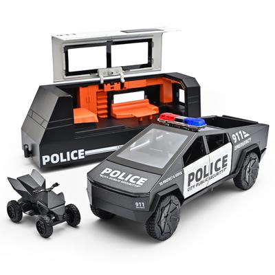 1/32 Tesla Police Cybertruck Прицеп Внедорожный Пикап Литая Модель Машины Сплав Детская Игрушка Автодом Звук и Свет Музыка Подарок на День Рождения