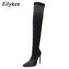 Fashion Eilyken Fashion Runway Crystal Stretch Fabric Sock Over-the-Knee Boot Thigh High Pointed Toe Woman Stiletto Heel Shoes