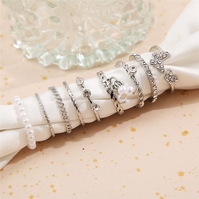 Fashion Hollow Butterfly Ring Set 9PCS Elegant Vintage Crystal Women Finger Cute Pearl Jewelry Wedding Party Gift