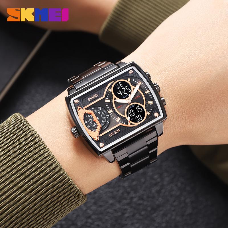 Golden Big Dial Three Time Men Wrist Watches Stainless Steel Men Sports Digital Military Quartz Watch Luminous Male Clock