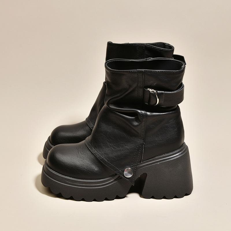 Thick Heel Martin Boots Knight Boots Women's Autumn New Black High Heel Pile Boots Vintage Western Boots