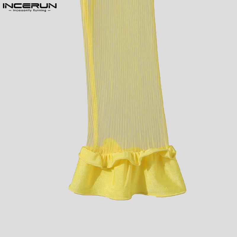 INCERUN Мужские рубашки с глубоким V-образным вырезом и длинным рукавом, оборками и сетчатыми вставками, прозрачные топы