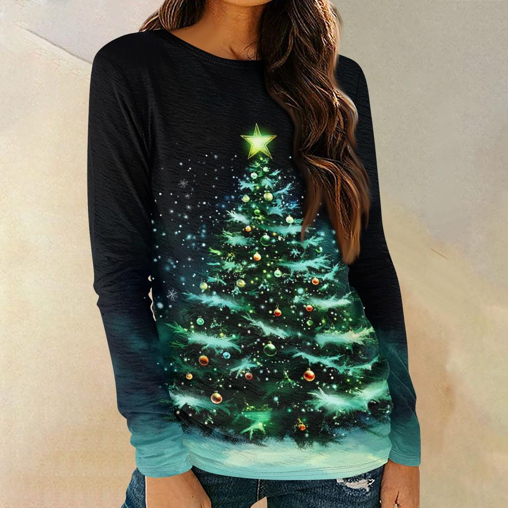 Женская мода круглый вырез пуловер с глубокими рукавами футболка с рождественским принтом топ