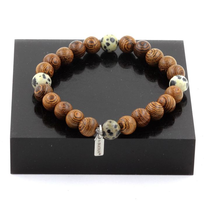 Stones and Minerals. Bracelet Dalmatian Jasper Beads + Wood 8 Mm. Made In France.