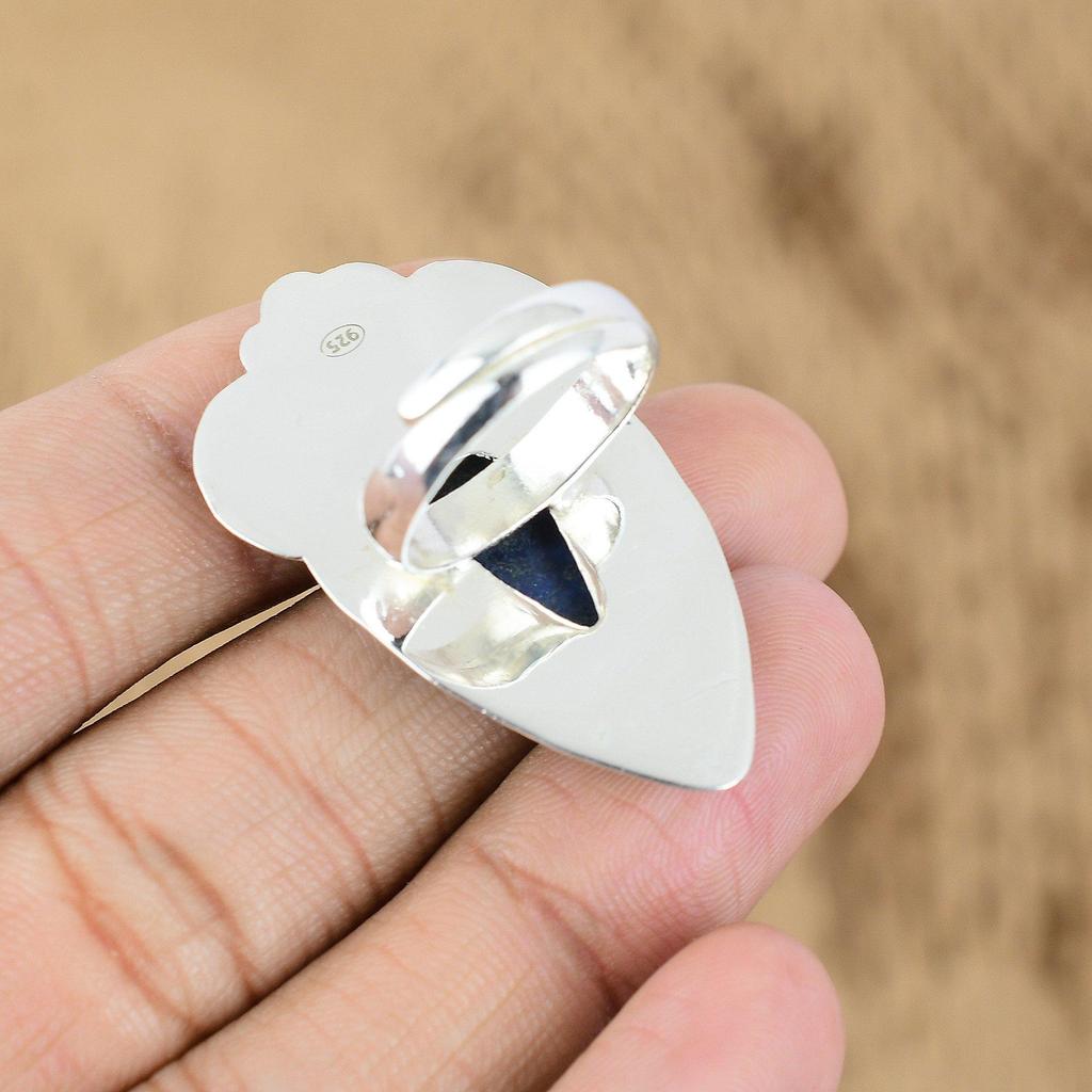 925 Sterling Silver Natural Lapis Lazuli Art Deco Promise Flower Ring Jewelry