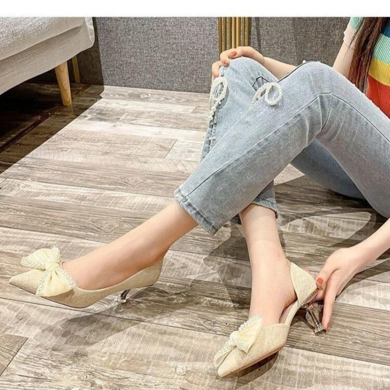 Женские туфли на высоком каблуке 2024 года, весна-лето, новые полые туфли на шпильках с заостренным жемчужинами и бантом, вечерние туфли-лодочки, женские босоножки