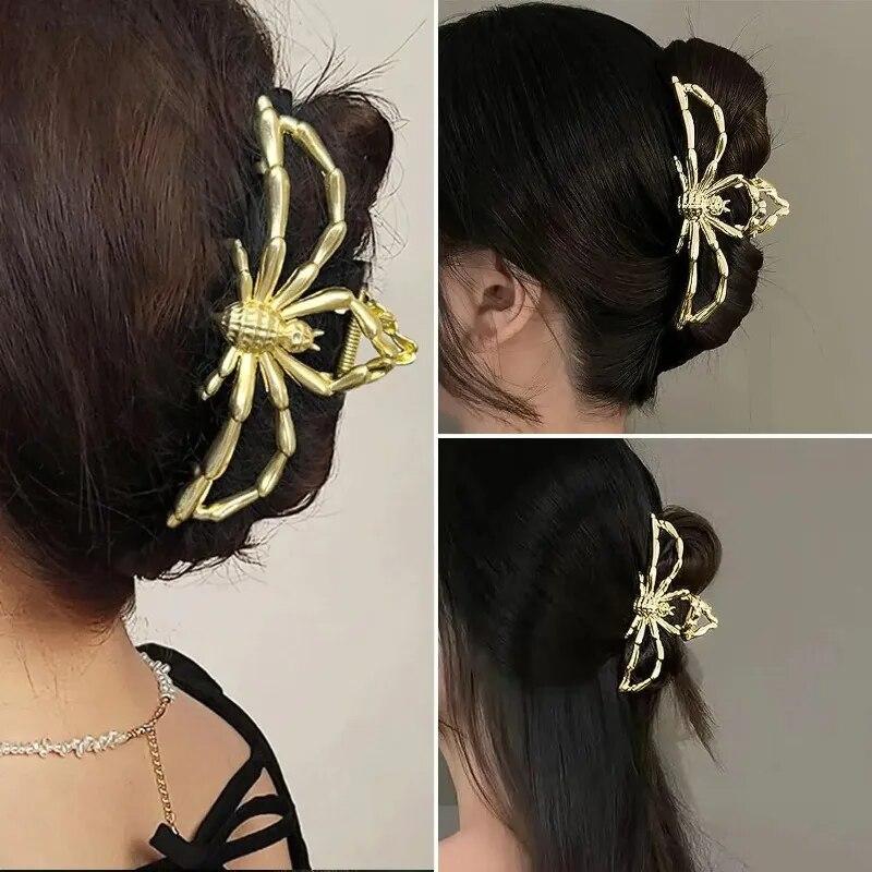 Новинка 2023 года, заколки для волос в виде скелета паука на Хэллоуин для женщин, ювелирные аксессуары, черный, серебристый, золотой, большая заколка, вечерние головные уборы