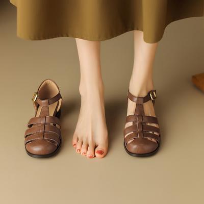 Модные женские новые весенне-летние туфли с круглым носком из кожи, удобные на низком каблуке, с закрытым носком, настраиваемый большой каблук, римские сандалии 46 47 48