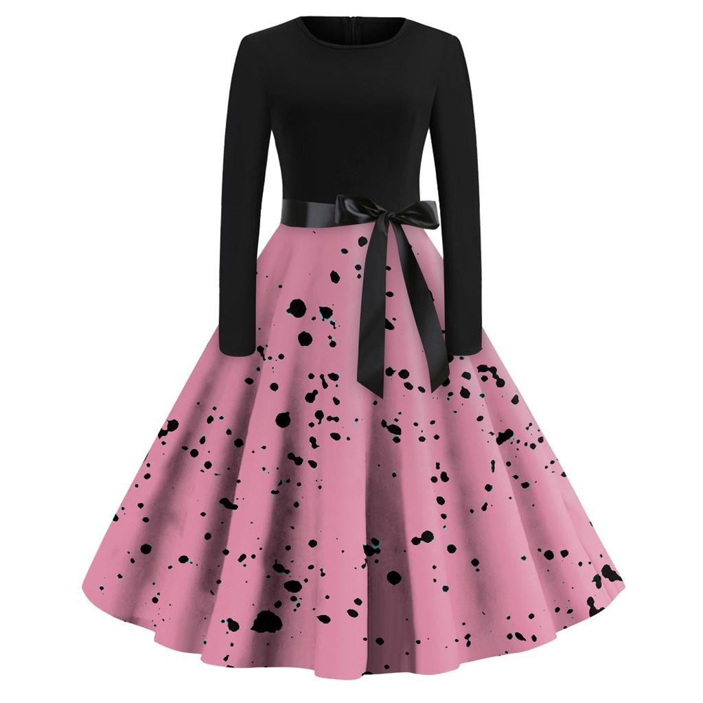 Women's Casual And Fashionable Long Sleeved R-neck Polka DotPrint Dress