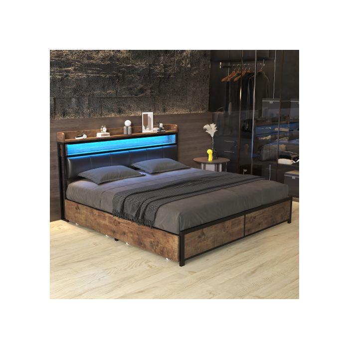 Lit - MUVOE - 140x200 - Rembourré - Tête de lit LED - 4 tiroirs de rangement - Noir