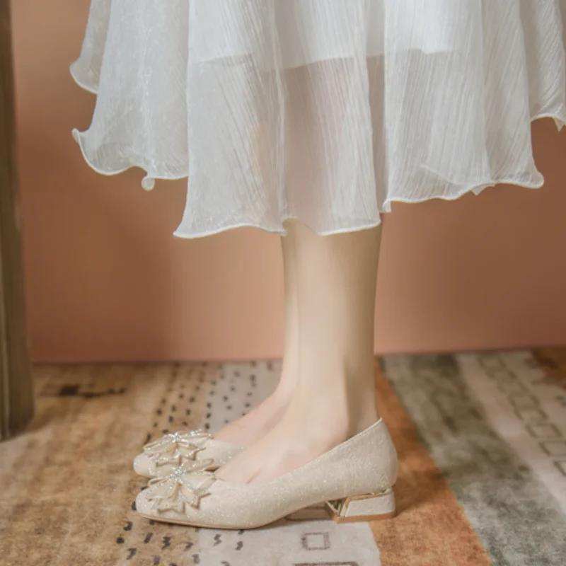 Элегантные туфли подружки невесты во французском стиле, удобные для повседневной носки, на низком толстом каблуке, женские китайские свадебные туфли-одиночки