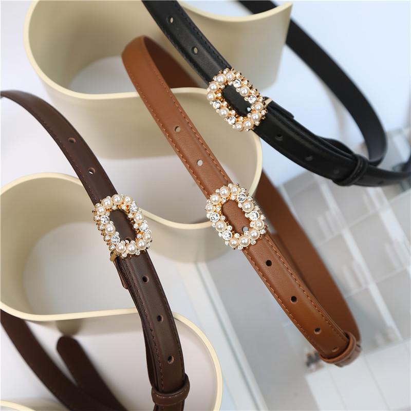 Mei Mary Top grain leather belt with pearl and rhinestone buckle - women's belt waist cincher