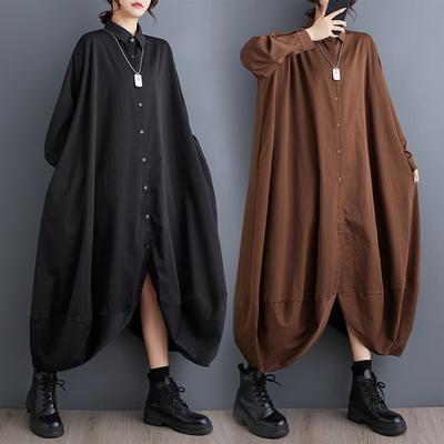 2025 Новое женское весеннее платье больших размеров Длинное платье с длинным рукавом Однотонное винтажное платье-рубашка с длинным рукавом