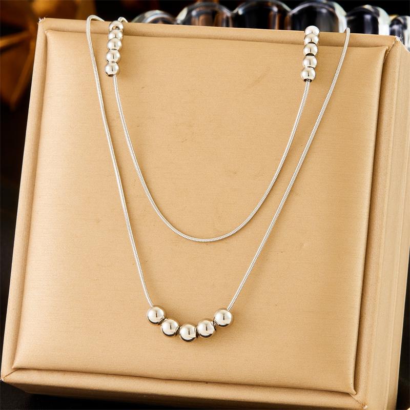 DIEYURO 316L Stainless Steel Golden Round Beads Double-layer Necklace Bracelet Suit Womens New TrendNon-fadingjewelry Set