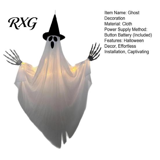 Outdoor Spooky Decor Halloween Hanging Ghost with Witch Hat, Light Up Eerie Glow for Porch Tree, Haunted House Scene Ornament Hat
