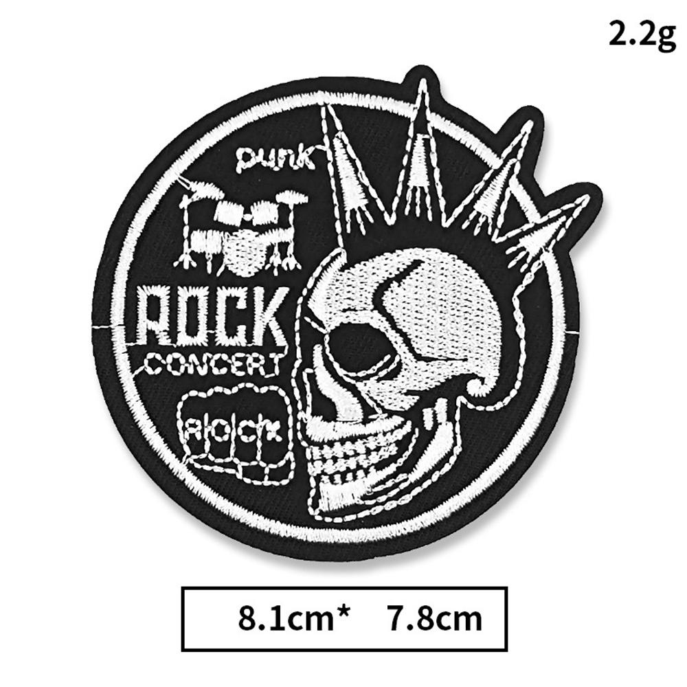 Rock Roll Embroidery Iron On Patches Punk Style Cloth Appliques Hard Rock Heavy Metal Music Emblem Black Skull Emblem for Jacket