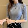 Fashion New Slim Fit Knitted Short Sleeve Sweater Shirts Women Summer Tops Round Neck Casual Base Blouses Women Sweet Thin Solid Ladies Shirt 26303