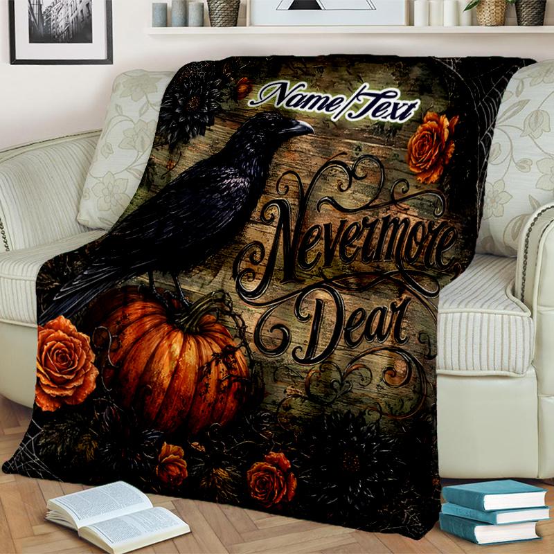 1PC Custom Name Halloween Raven Pumpkin outdooor Flannel blankets Throw Blanket All-Season Throw Gift Bedspread for Couch, Bed, Camping Holiday Birthd