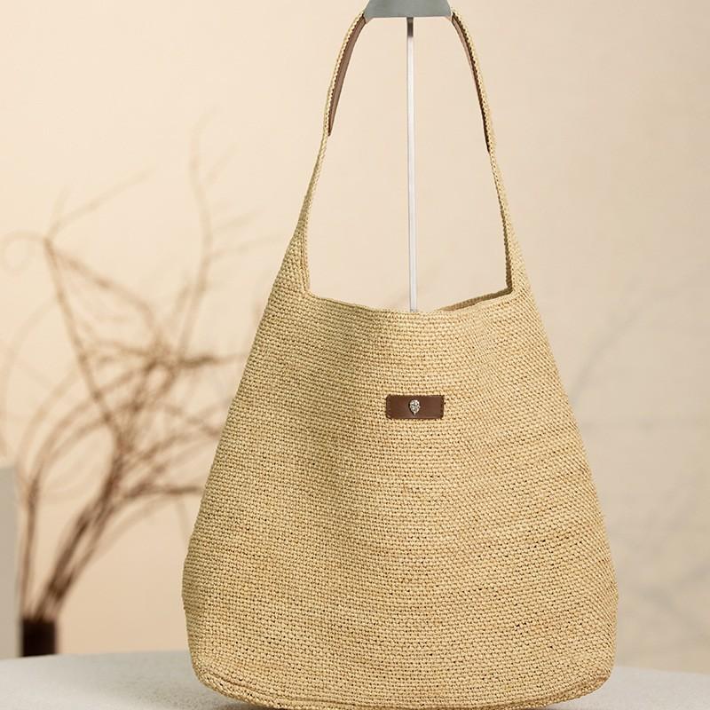 Womens Woven Raffia Tote Bag Large Capacity Shoulder Commute Daily Use Soft Structured Vertical Design