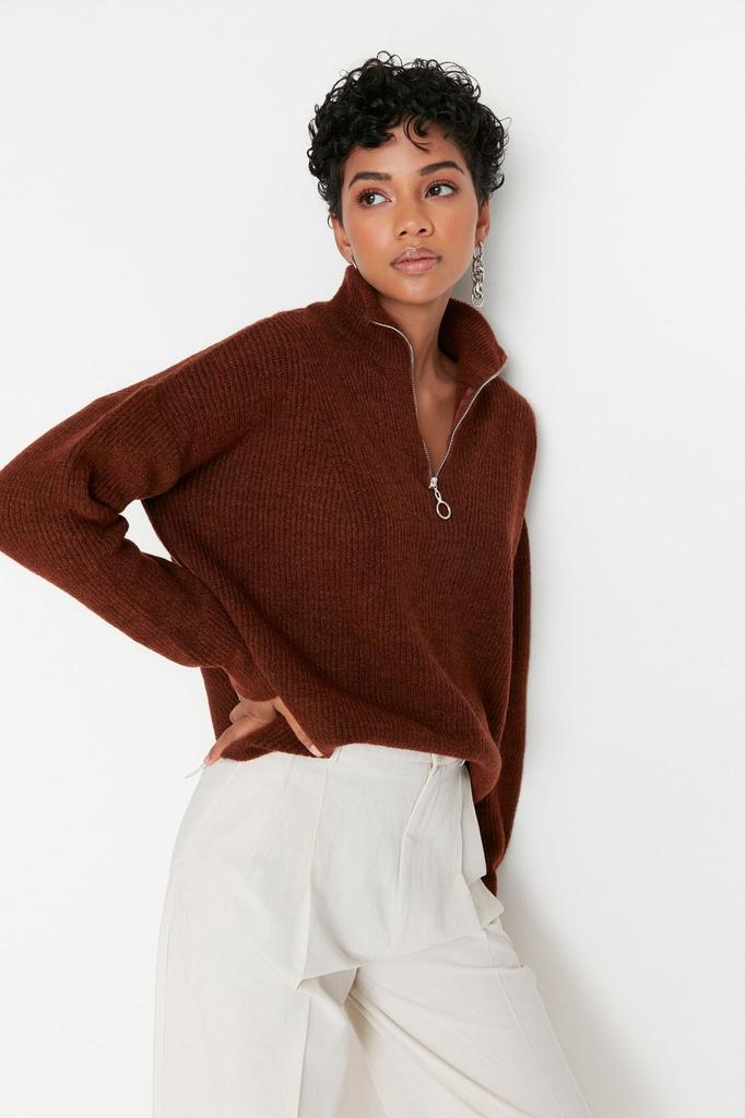 Женский свитер в элегантном стиле, зеленый мягкий текстурированный трикотаж на молнии, свитер