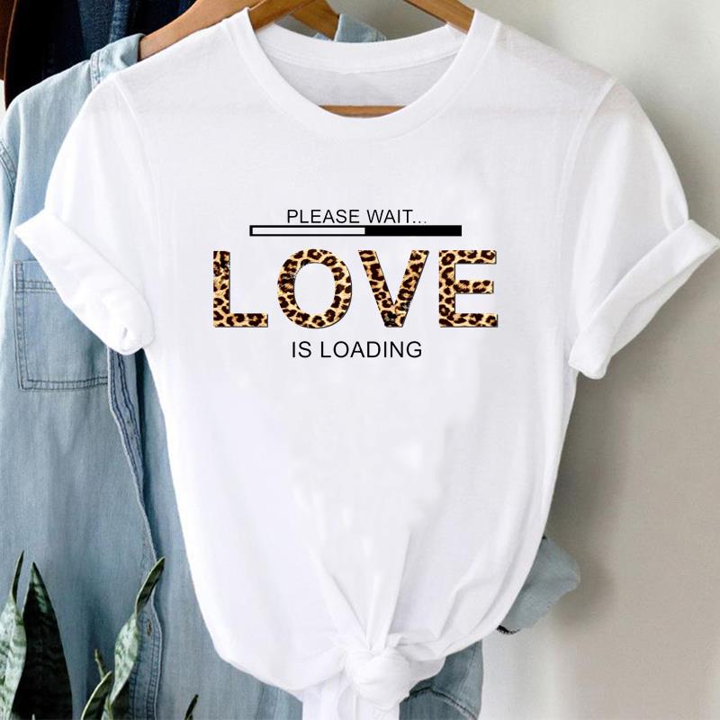 (Asian Size) Women Print Letter Leopard Lovely Style Trend Cute Tee Top Clothing Casual Short Sleeve Fashion Tshirt Lady Female Graphic T-shirt