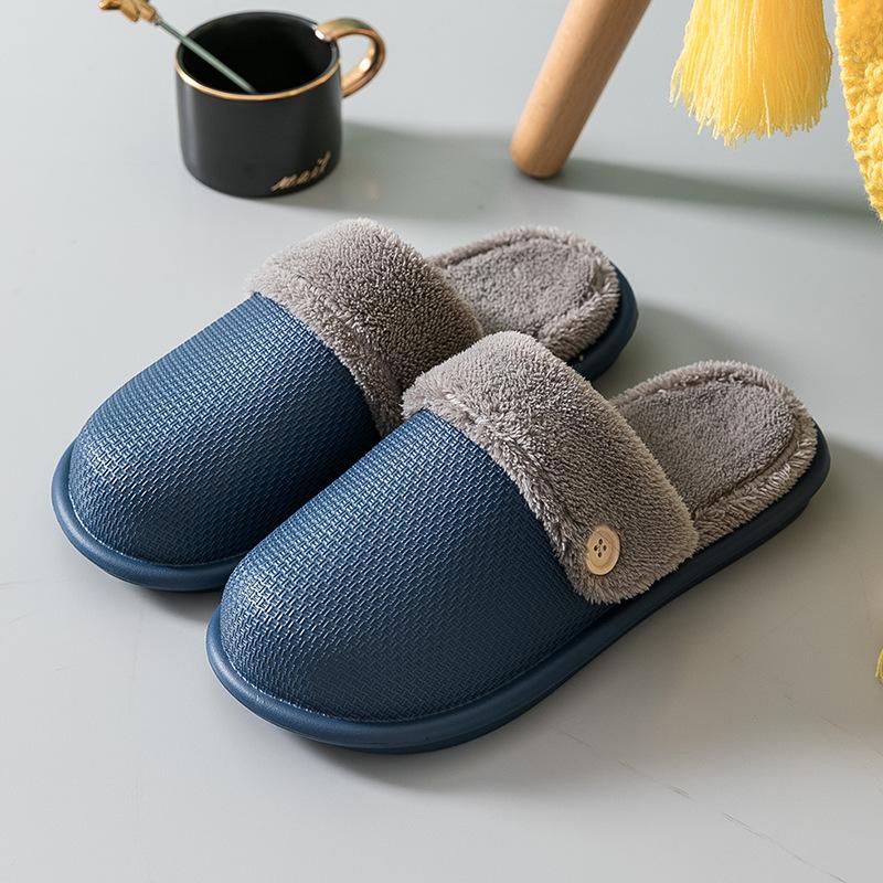 Female And Male Waterproof Cotton Slippers Female's Winter Warm Household Non-Slip Indoor Button Solid Color Plush Slipper