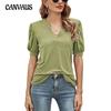 Летняя женская футболка, повседневная однотонная свободная футболка с v-образным вырезом и рукавами-пузырьками, топы