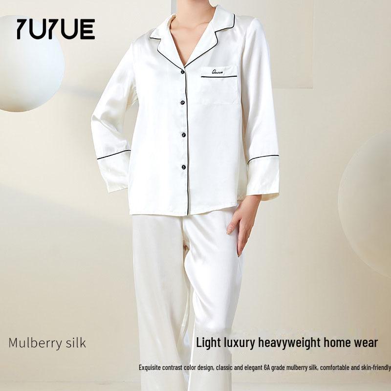Yuyue Women's Long-Sleeved Mulberry Silk Pajamas: Breathable and Loose-Fitting Sleepwear for Spring and Summer.