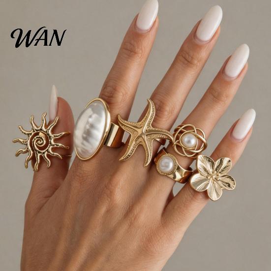 Sunflower Ring 6Pcs/Set Finger Set, Ocean Style Adjustable with Imitation Starfish Pearl And Shell Texture, Bohemian Stackable Rings for Women Hollow