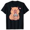 Cute Capybara Kawaii Anime Drinking Bubble Tea Lover Men Clothing Fashion T Shirts Cotton Short Sleeve Oversized T-shirt Tops