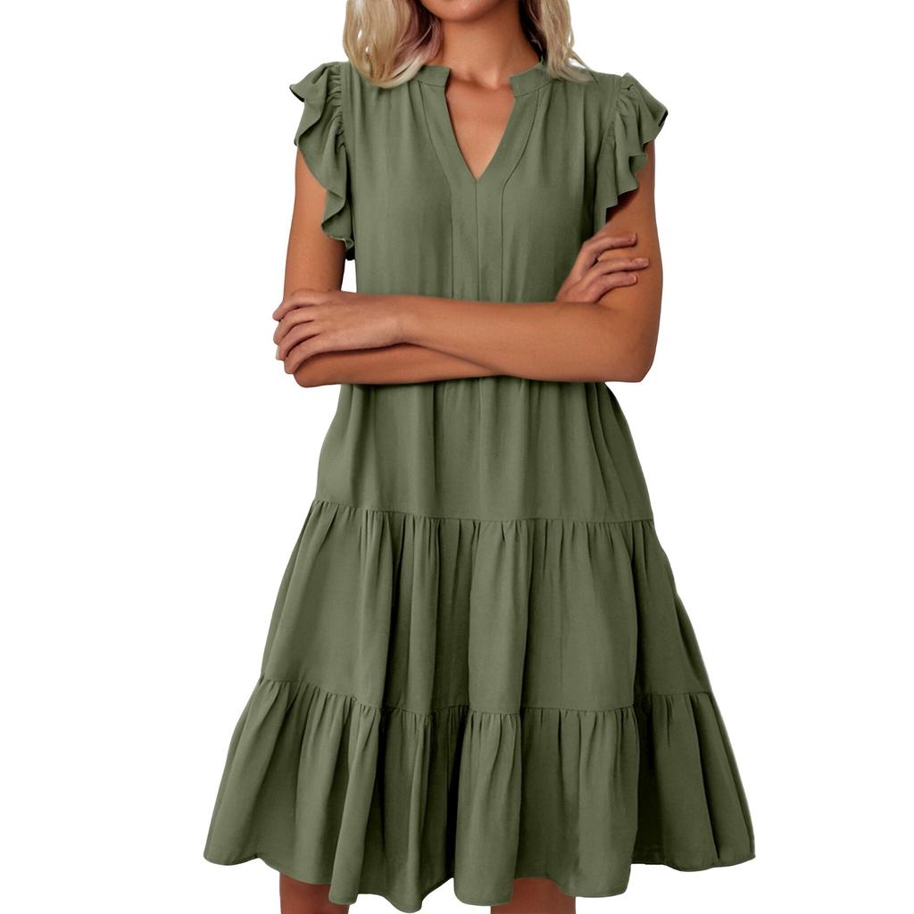 Женские богемные однотонные летние повседневные многослойные платья с v-образным вырезом и рюшами на рукавах