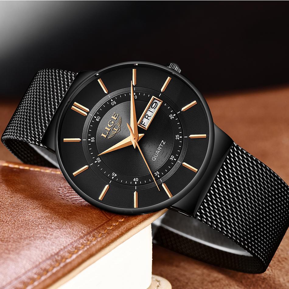 LIGE Мужские роскошные ультратонкие кварцевые часы с сетчатым стальным ремешком и отображением даты