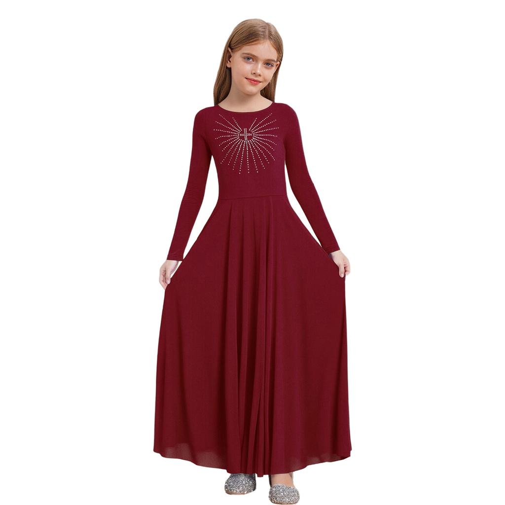 Girls Worship Dance Costume Long Sleeve Round Neck A Line Maxi Dress Glittery Rhinestone Choir Outfit