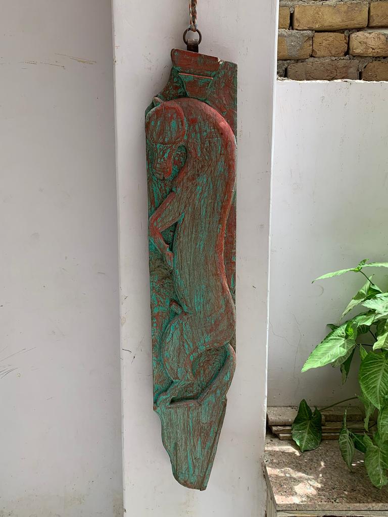 Distressed Antique Carved Wood Wall Panel: Indian Animal Statue Decor