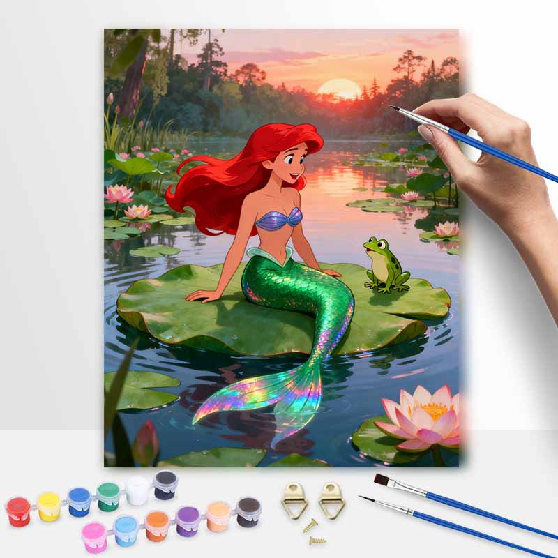 Disney digital oil painting diy oil painting hand painting mermaid lake sunset living room bedroom decoration painting