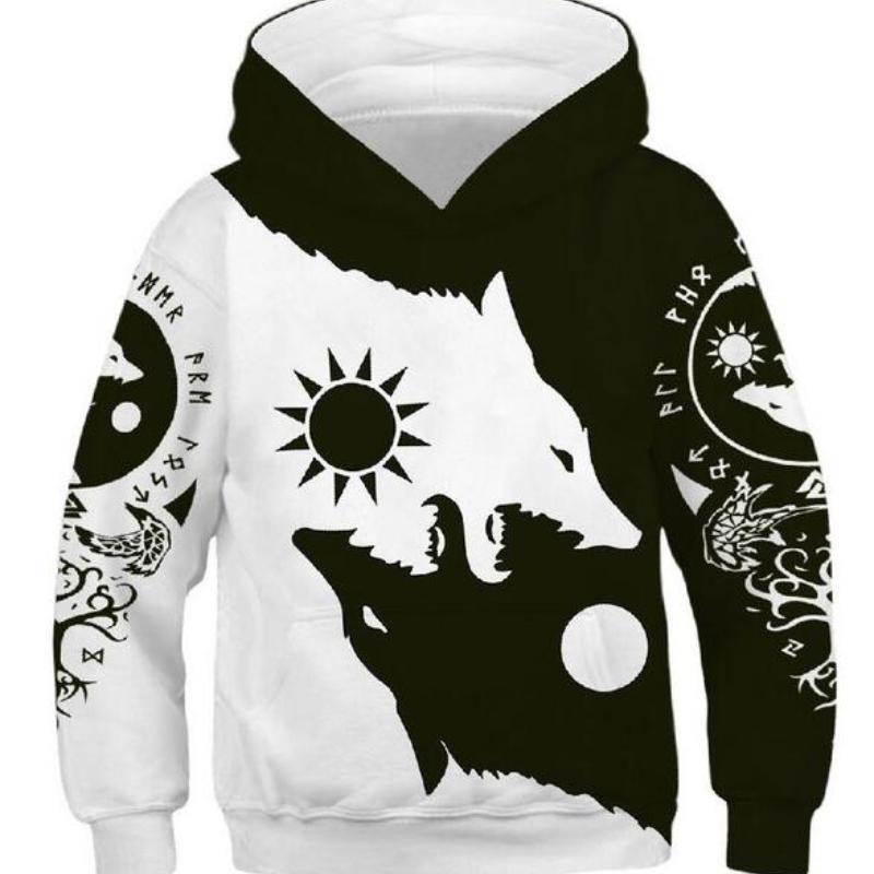 Детские спортивные толстовки, черные/белые детские толстовки с 3D принтом, пуловер с длинными рукавами для детей младшего возраста, свитера с капюшоном для мальчиков и девочек 4–13 лет