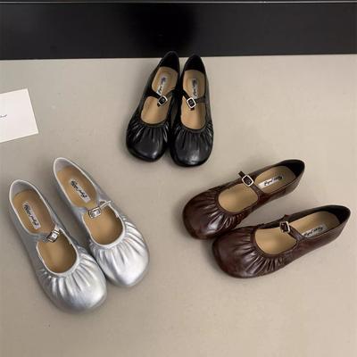 Модная SUOJIALUN 2025 Осень Новая Марка Женские Балетки Модные Плиссированные Круглый Носок Женские Туфли Мэри Джейн Неглубокие Платье Лодочки