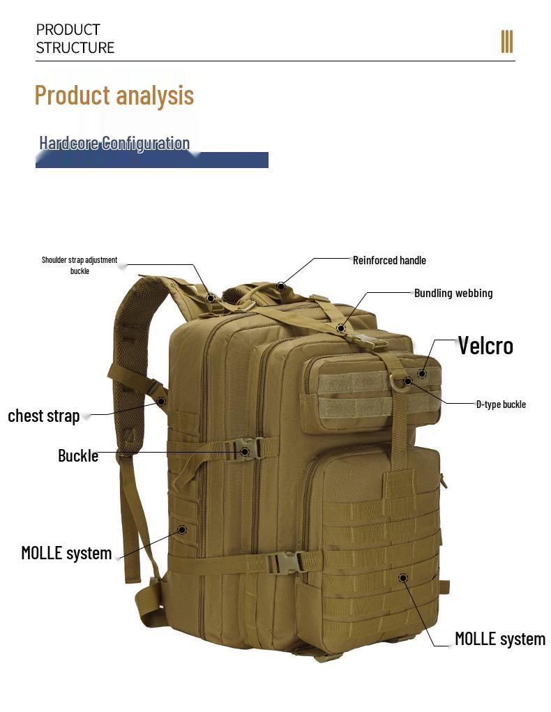 In Stock: 720D Waterproof 45L Tactical Backpack - Molle Expandable, Outdoor 3P Assault, Large Size, Shoulder Strap