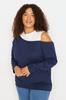 Женский стиль размера плюс, темно-синий тонкий вязаный свитшот с круглым вырезом и плечами