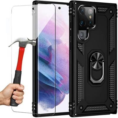 Защитный чехол - BOOLING - для Samsung Galaxy S22 Ultra - Черный - Комплект из 2 закаленных стекол - Металлическая подставка