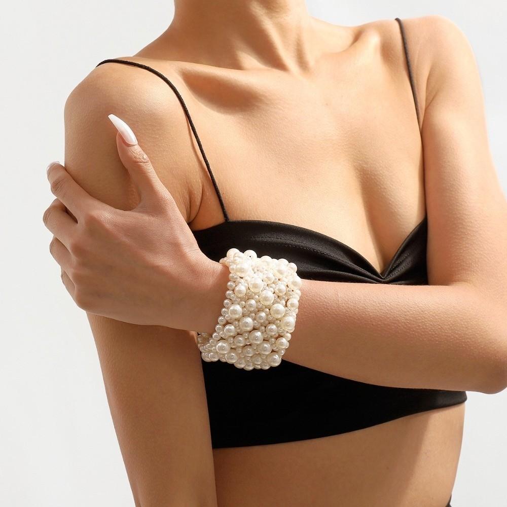 Эластичный женский браслет Белый широкий браслет Простой жемчужный браслет Вечеринка