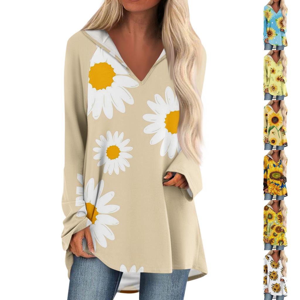 Women's V-neck Hooded Loose Long-sleeved Tops Casual Tops Home Leisure Pajamas Tops