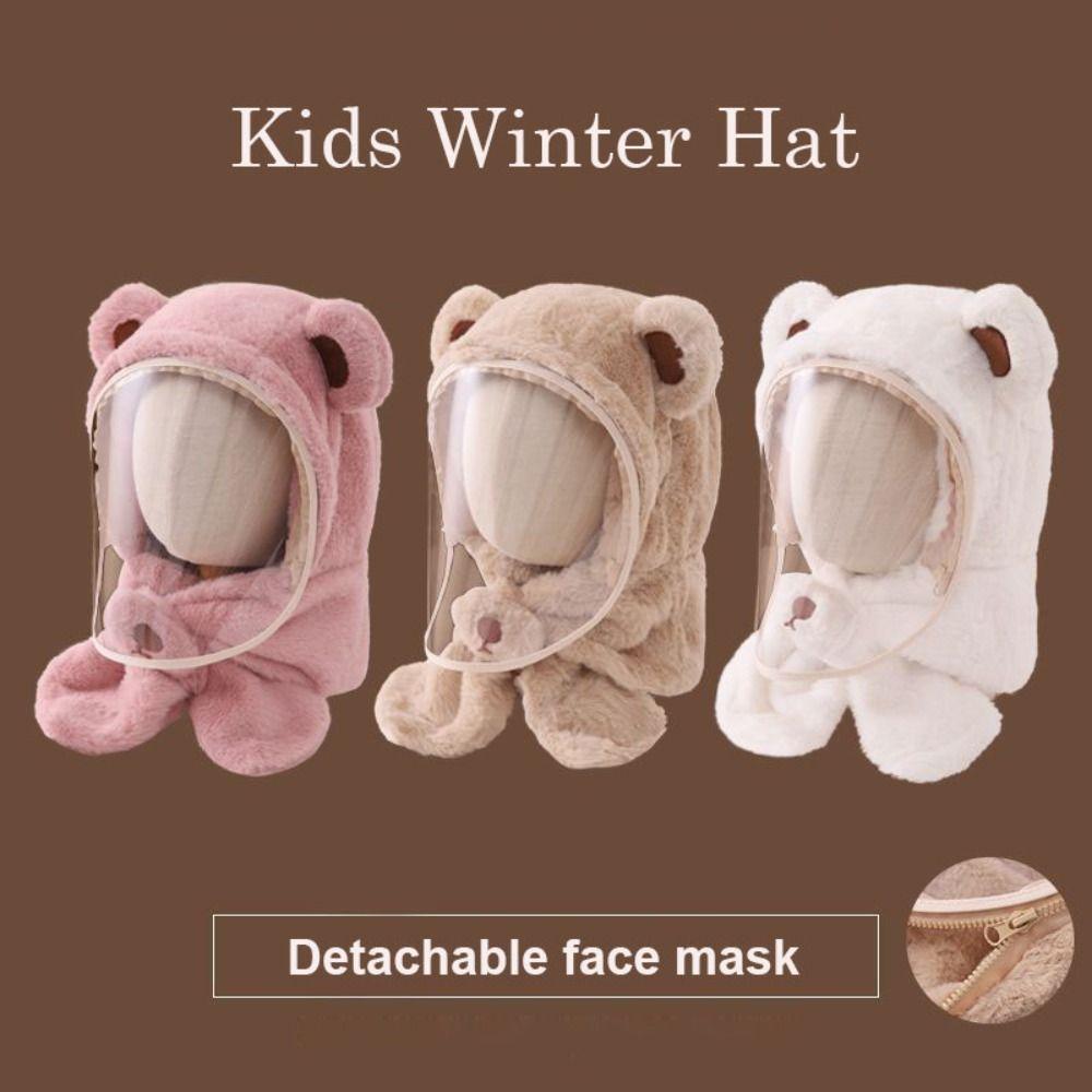 Windproof Mask Integrated Hat Thickened Plush Fleece Hat Cute Kids Winter Hat