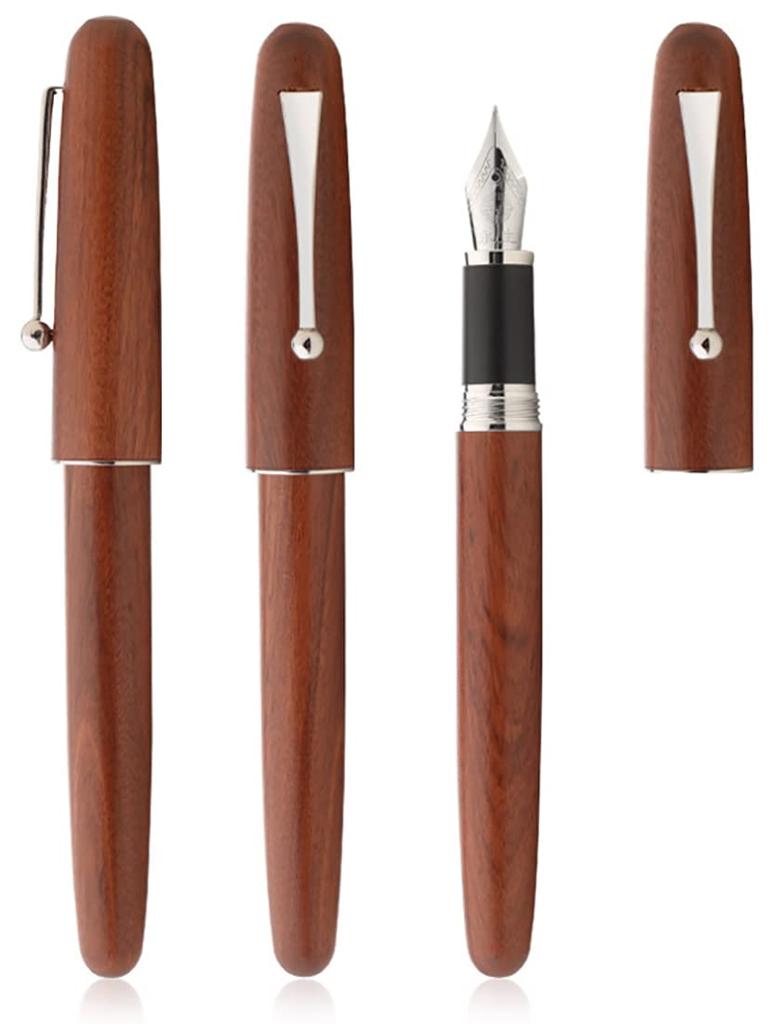 Gullor Natural Wood Fountain Pen with Medium Ink Screw and Silver Clip Nib, Converter, Cap,