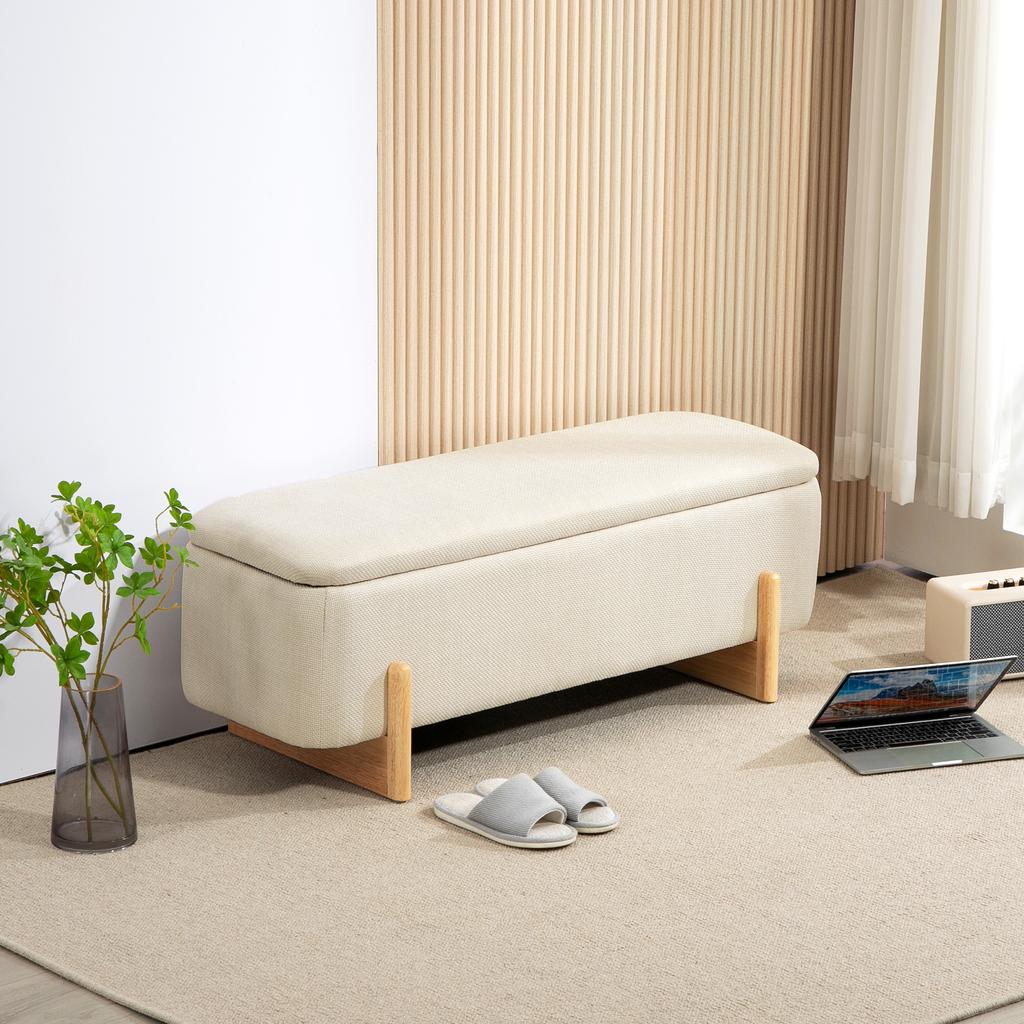 Storage Bench, Padded End-of-Bed, Safety Hinges, U-Shaped Rubberwood Legs, Cream