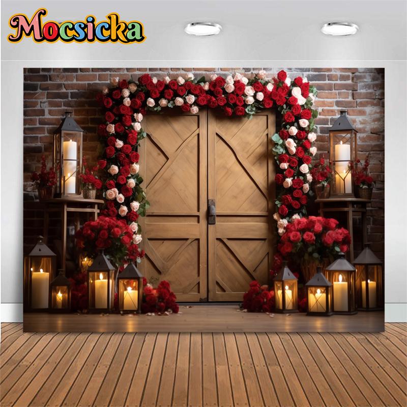 Romantic Roses Love Photography Backdrop Wooden Door Brick Wall Flower Valentine Day Background Wedding Decoration Photo Studio