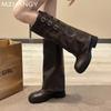 Модные зимние женские кожаные высокие сапоги на плоской подошве до колена модные женские туфли 2025 года трендовые ботинки челси новые женские зимние мотоциклетные сапоги