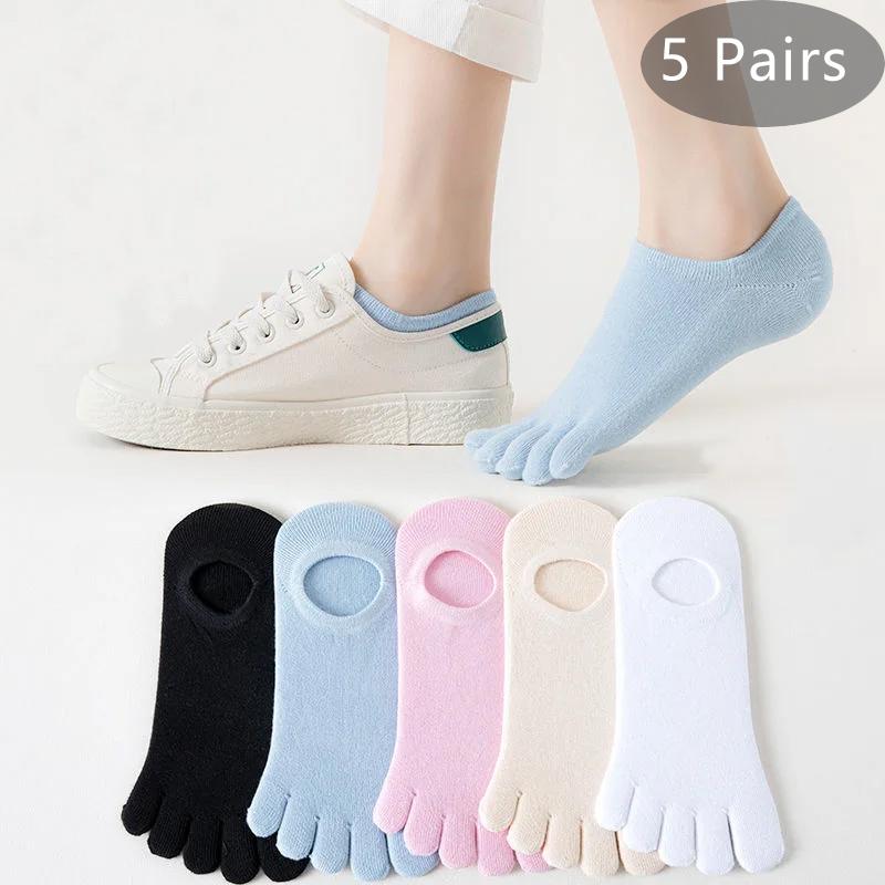 5 Pairs Summer Invisible Toe Socks Woman Girl Cotton Thin Solid Soft Shallow Mouth Breathable Deodorant No Show 5 Finger Socks